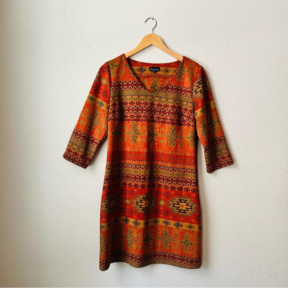 Dordor by Anthropologie Tribal Print Long Sleeve Dress - Orange and Green Size M